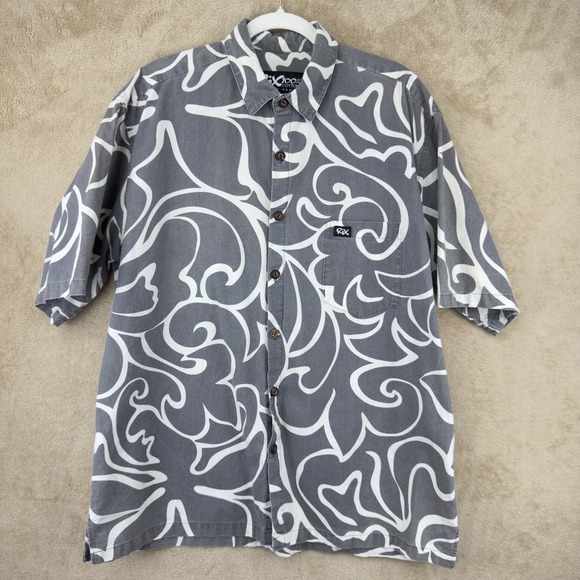 Rix Shirt Mens XL Gray White Hawaiian Aloha Floral Print Button Up Pocket Cotton - Picture 1 of 8